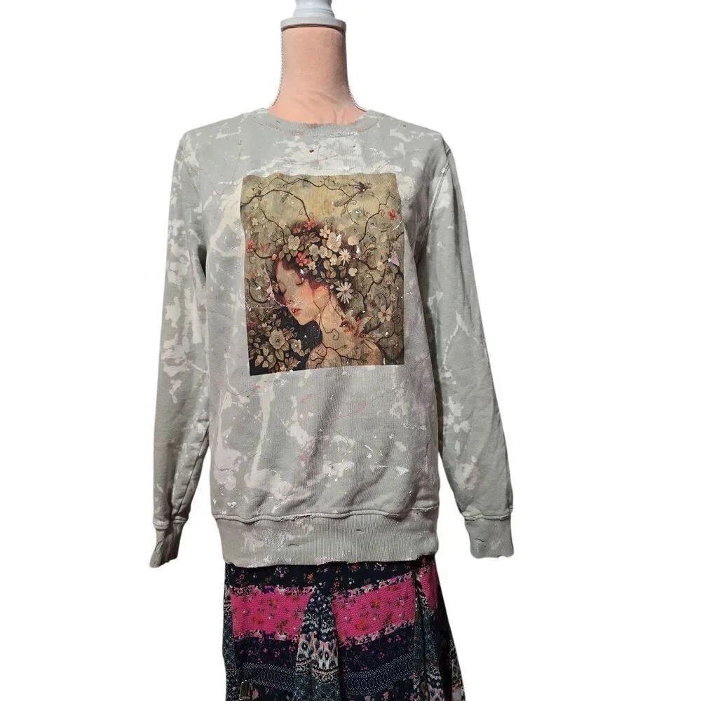 Custom Upcycled Green Flower Queen Handpainted Sweatshirt